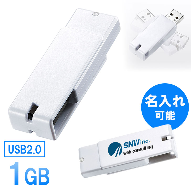 USBメモリ 1GB 紛失防止 ストラップ付き キャップレス ホワイト 名入れ可能 【ネコポス対応】 EZ6-US1GW