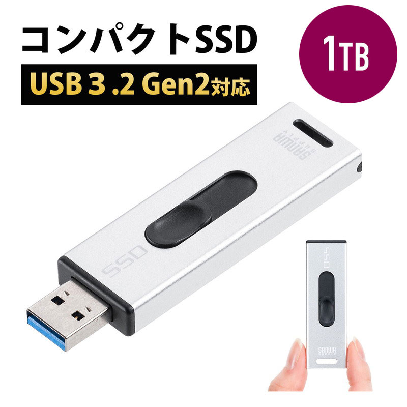 スティック型SSD 外付け USB3.2 Gen2 小型 1TB テレビ録画 ゲーム機 PS5/PS4 スライド式 直挿し シルバー EZ6-USSD1TBS【ネコポス対応】