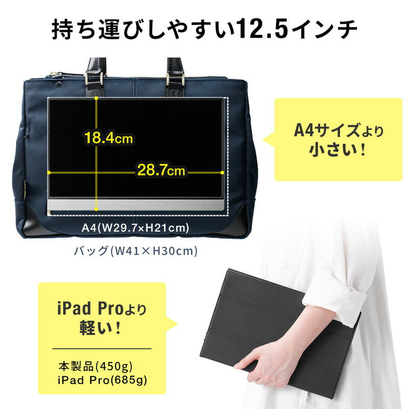 モバイルモニター_12.5インチ_軽量_モバイル_ディスプレイ_ポータブルモニター_フルHD_USB_Type-C_miniHDMI出力_スタンド付き_テレワーク_在宅勤務_ゲーム_EZ4-LCD005