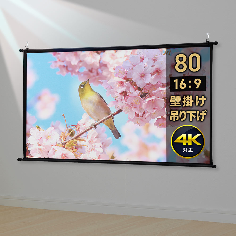 【最大2,500円クーポン発行中】プロジェクタースクリーン 80インチ ワイド 壁掛け 吊り下げ フック 高画質 4K対応 大型 ロール 軽量 会議 学校 オフィス 会社 家庭 ホームシアター 16:9 おすすめ EEX-PSK3-80HDK 1