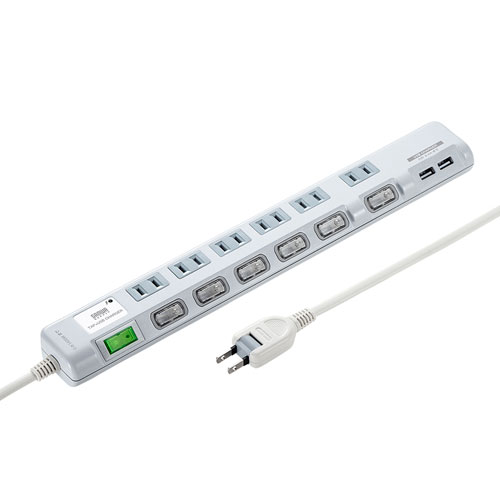 USB充電ポート付き節電タップ 面ファスナー付き TAP-B108U-1W サンワサプライ
