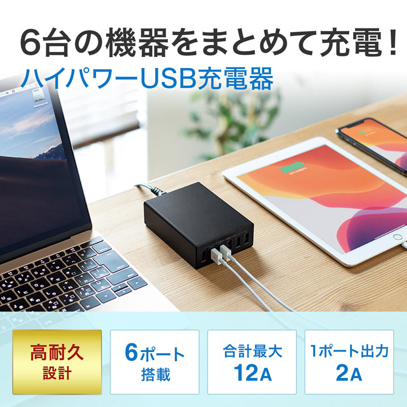USB充電器 6ポート 合計12A ブラック ACA-IP67BK サンワサプライ