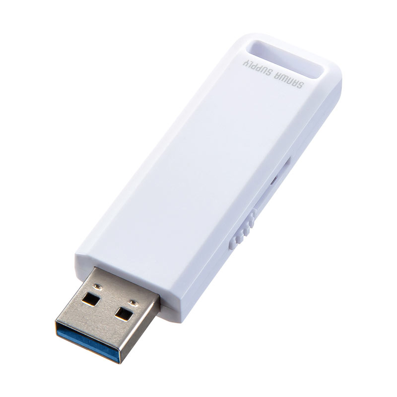USBメモリ USB3.2 Gen1 16GB スライド式 キャップレス ストラップ付き ホワイト UFD-3SL16GW サンワサプライ【ネコポス対応】