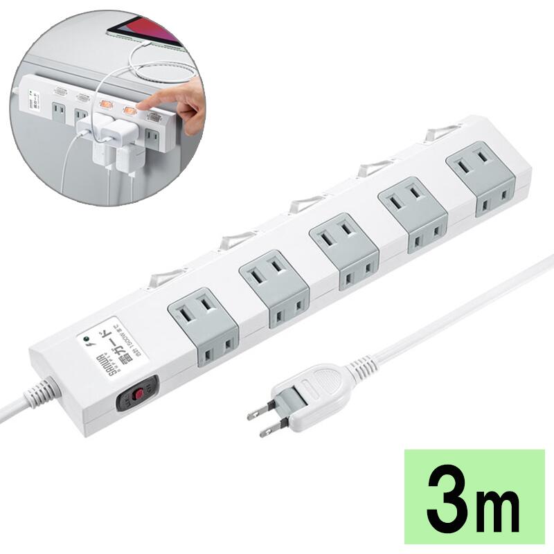【最大1,000円オフクーポン発行中】電源タップ 延長コード 節電 小型ACアダプタ対応 2P 10個口 3m TAP-SP2110SW-3 サンワサプライ