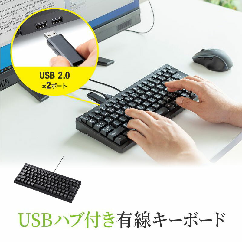 USBキーボード USB2.0ハブ2ポート付き コンパクト テンキーなし ブラック SKB-KG3UH2BK サンワサプライ