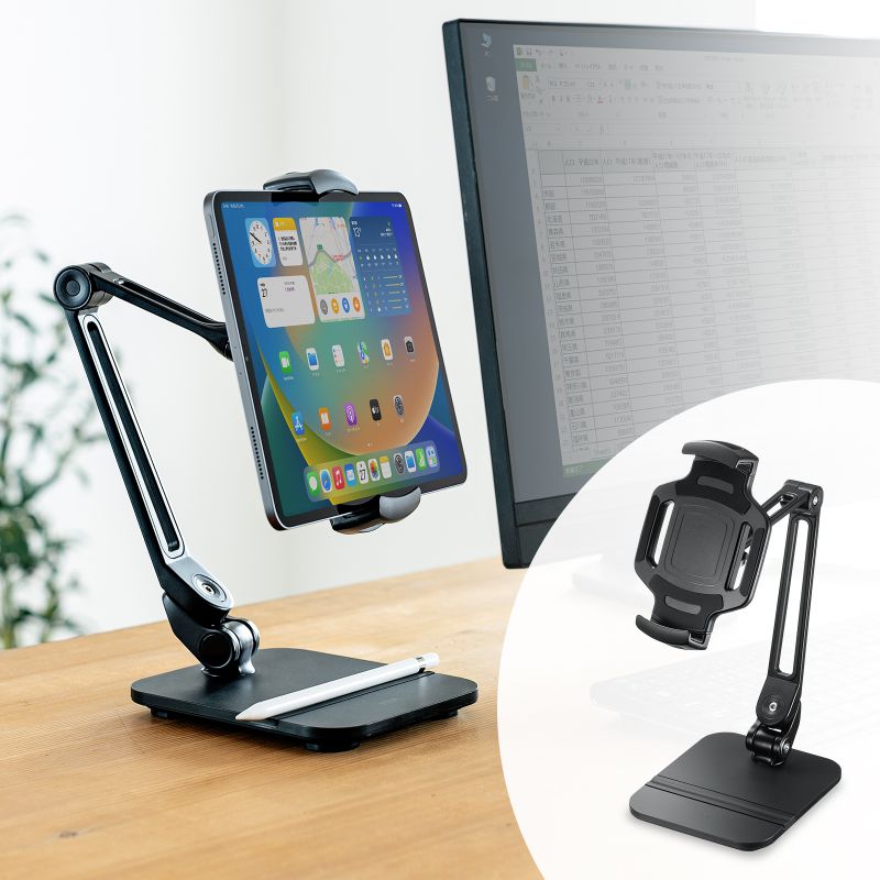 タブレット用アームスタンド スマートフォンスタンド 2関節アーム 360°回転 ペントレー付き PDA-STN67BK サンワサプライ