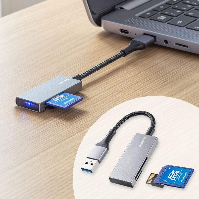 USB3.2 Gen1カードリーダー SD/microSDカードリーダー USB A接続 超薄型 コンパクト メッシュケーブル シルバー ADR-3MSD2S サンワサプライ