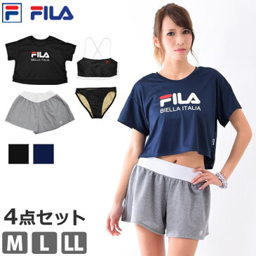 値下げ 送料無料ビキニ 体型カバー 水着 4点セット FILA フィラ スポーツブラ ノンワイヤー 水着 セパレート 水着 水陸両用 ショートパンツ レディース [女性用] ラン型(ノースリーブ) 水着 Tシャツ セット 海水浴 ママ 水着 229704 9M/11L/13L[ols1]