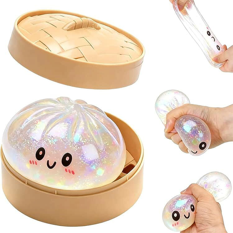 肉まん 減圧グッズ ぷにぷに ビッグ スクイーズ ストレス解消 8.5cm 餃子型 スクイーズおもちゃ もちもち ラメ入り 水感 低反発 蒸し器付き 2個セット 大きい 握ってストレス発散 キラキラ 大人 子供 誕生日 プレゼント ギフト リラックス フィジェット gekiyasu1-10013321 激安屋 サンプル画像3