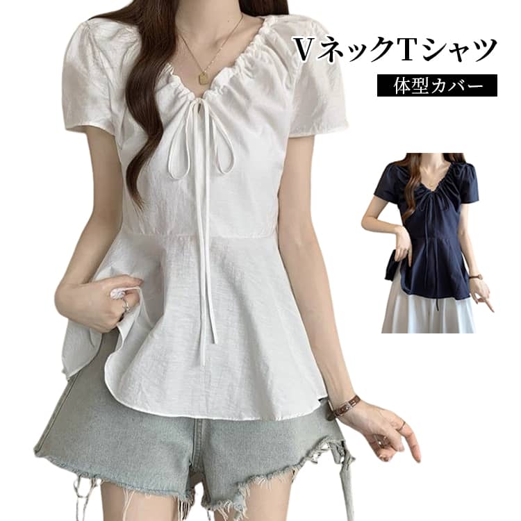 Rakuten - 大きいサイズ Vネック ブラウス リボン ゆったり Tシャツ Vネック トップス 半袖 ネイビー 細見え 白 夏 無地 カジュアル シンプル 可愛い 通気性 シャツ 体型カバー 通勤 お出かけ おしゃれ