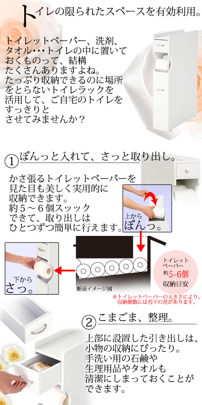 ラック トイレ収納 トイレットペーパー収納 ロールストッカー サニタリー収納 棚 隙間 すき間収納 木製 ホワイト おしゃれ スリム トイレ収納棚 引き出し 引出し キャスター