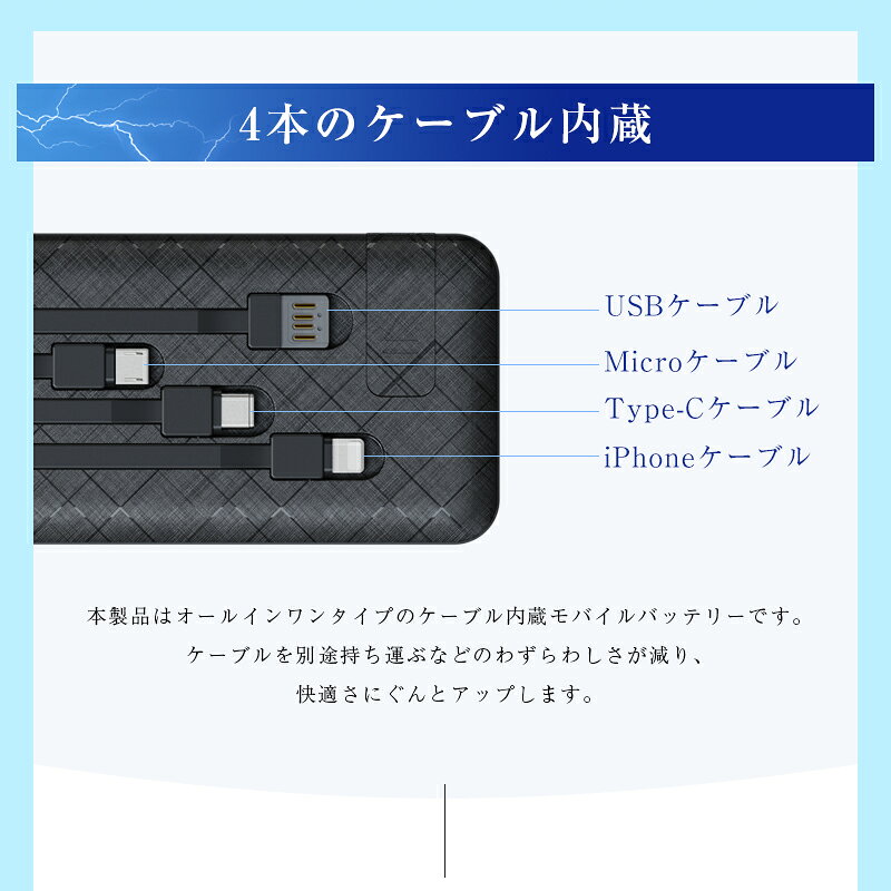 モバイルバッテリー 15000mAh 55.5Wh 大容量 小型 軽量 懐中電灯型 防災電源 ライト付き 4本ケーブル内蔵 4台同時充電 引き出し式 スタンド付き パワーバンク iPhone17/17e/16e充電 急速充電 3つ入力 4つ出力 通勤 通学 停電 送料無料【PL保険加入済み安心】 gekiyasukan-10002950 激安館 サンプル画像3