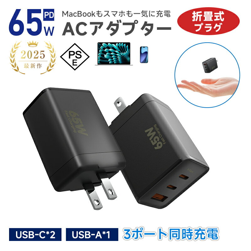 PD 65W急速充電器 ACアダプター USB充電器 超軽量 超小型 PD対応 折りたたみ式プラグ 3ポート 3台同時充電 高速充電 温度制御 高熱防止 GaN...