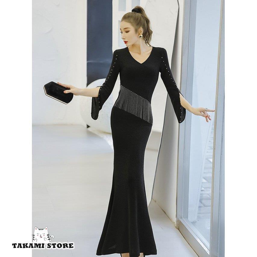 パーティードレス ロング マーメイドドレス ロングドレス 結婚式 お呼ばれドレス 袖あり 長袖 タイト ..