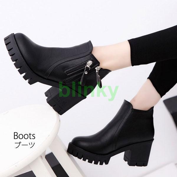 ショートブーツ レディース 春 厚底ブーツ ハイヒール 太ヒール アンクルブーツ 黒 ブラック 新作