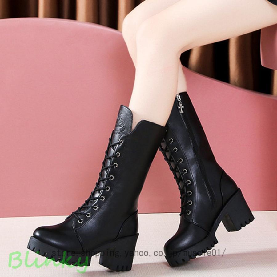 ミドルブーツ レディース 厚底 レースアップブーツ 太ヒール 編み上げ 大きいサイズ 袴用ブーツ コスプ..