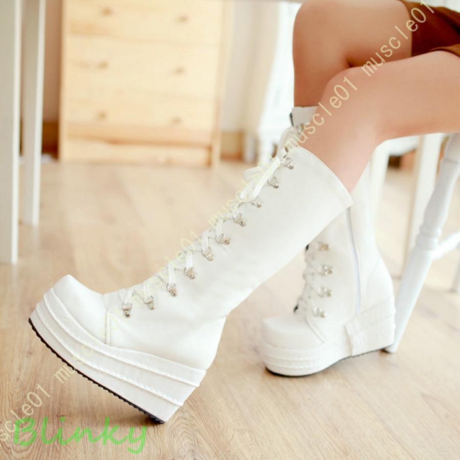 厚底ロングブーツ コスプレ ロングブーツ 編み上げ 白 ホワイト 黒 ブラック ゴシック ロリータ靴 ロリ..