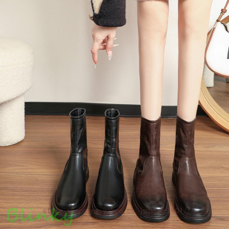 ファッションブーツ 厚底ストレッチショートブーツ レディース ラウンドトゥショートブーツ ショートブ..