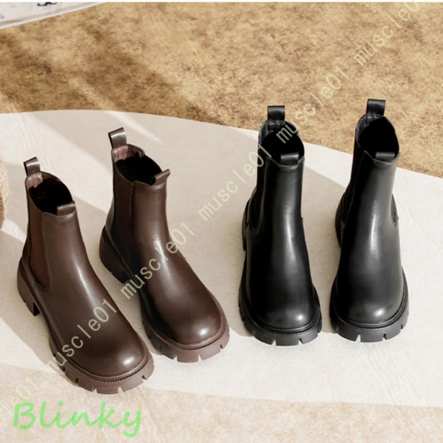 ブーツ レディース 厚底 スクエアトゥ サイドゴア ショートブーツ チェルシーブーツ 本革 秋冬靴 厚底..