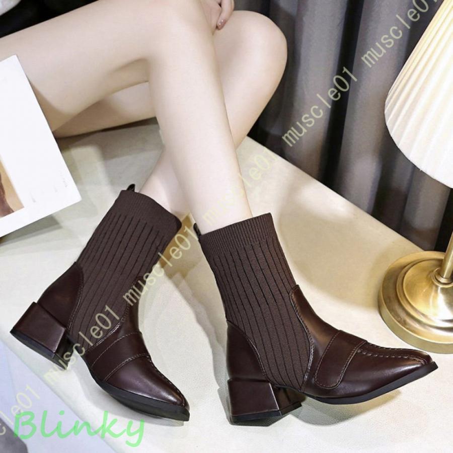 ブーツ レディース 女性のブーツスクエアヒールファッションヌードブーツショートブーツ快適な厚いヒー..