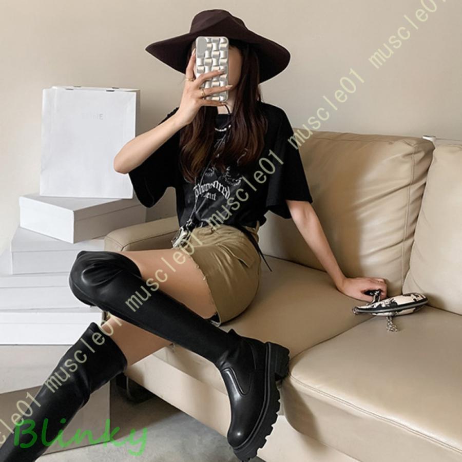 ブーツ ロングブーツ ストレッチ ラウンドトゥ 厚底 レディース ジョッキーブーツ レディース ラウンド..