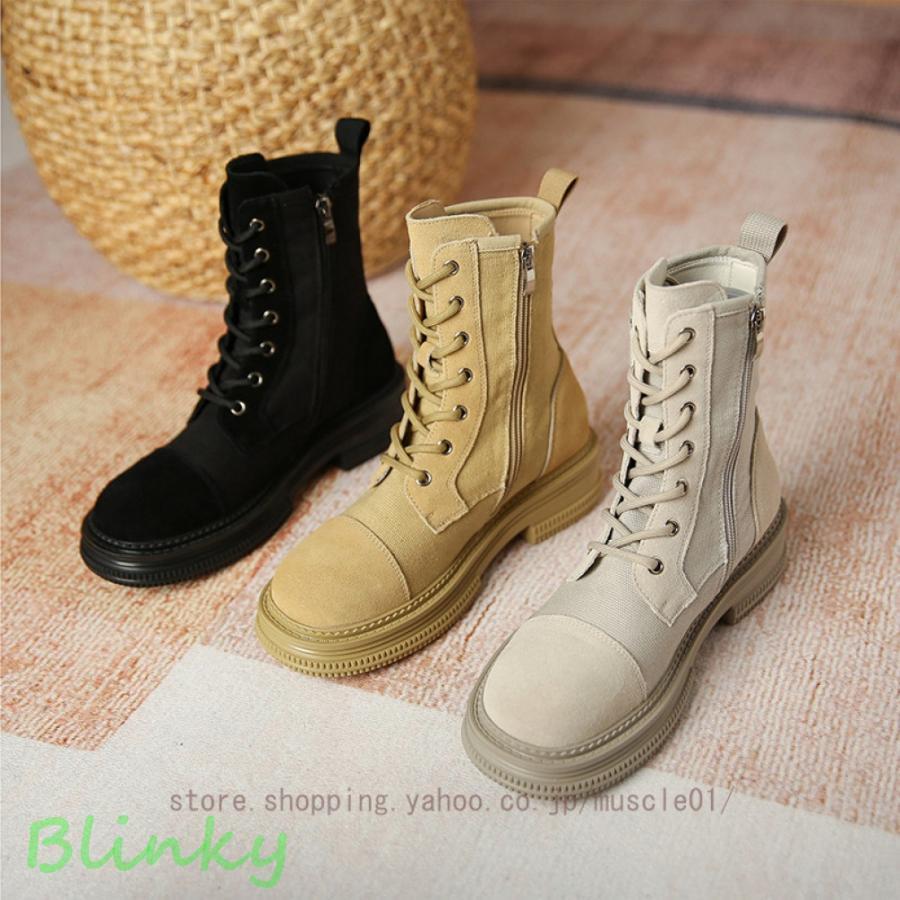ショートブーツ レディース ラウンドトゥブーツ ミドルブーツ キャンバス 編み上げブーツ 厚底 ローヒ..