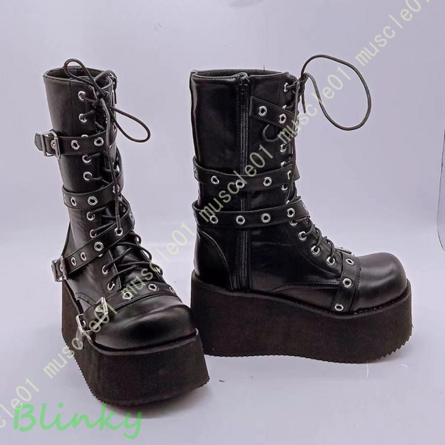 厚底ブーツ レディース ベルト ショートブーツ 厚底 ブーティ 太ヒール ベルト飾り レースアップ 編み..