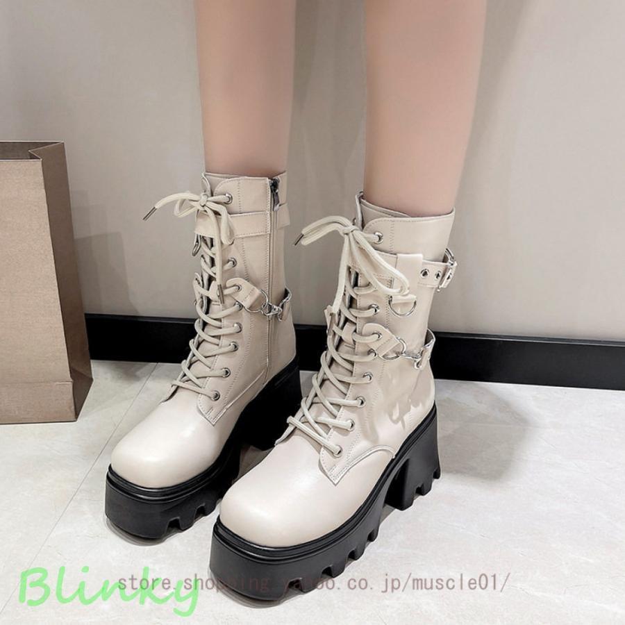 ブーツ レディース サイドジップ ショートブーツ 厚底 編み上げブーツ チェーン付き ハイカット 秋 冬..