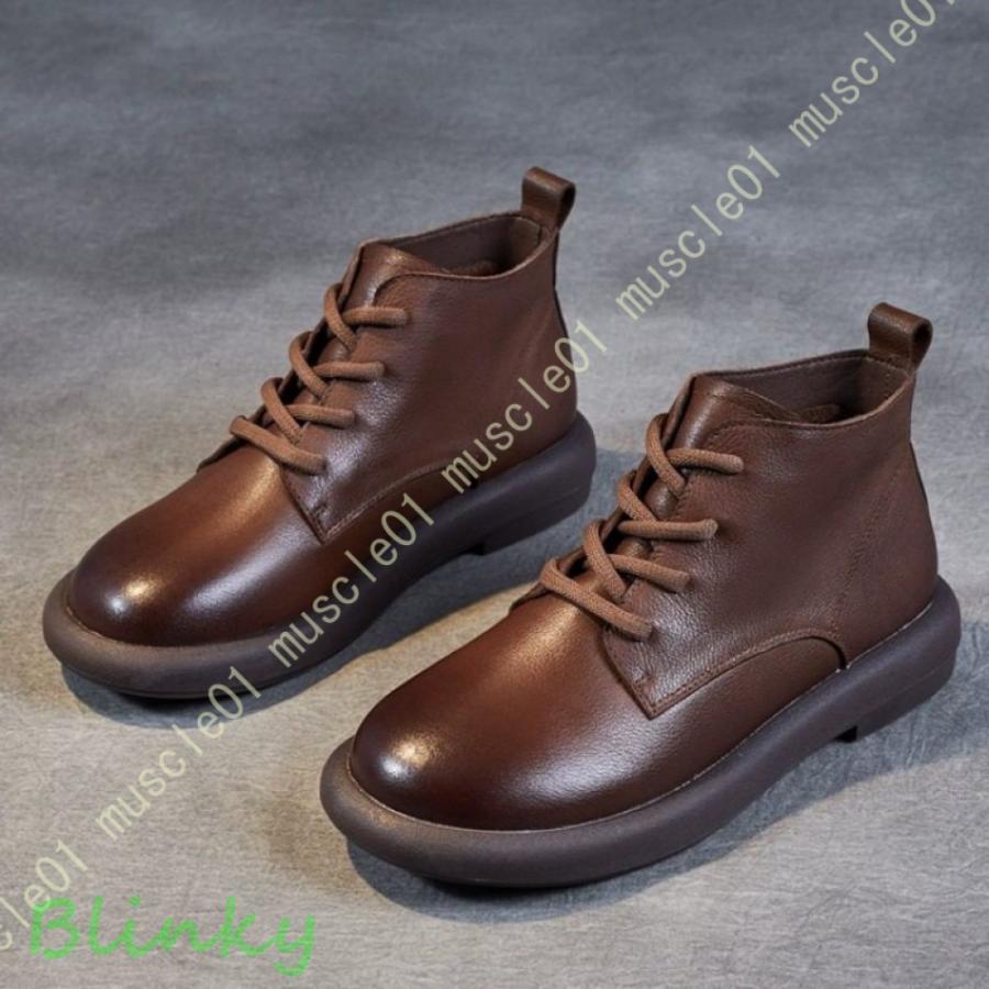 ブーツ レディース ジッパー ブーツレースアップブーツ 牛革 厚底 編み上げブーツ 柔らかい ブラウン ..