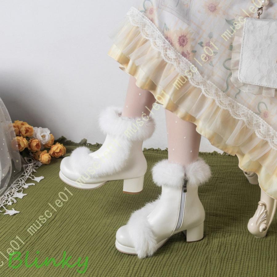ショートブーツ コスプレブーツ レディース ロリータシューズ ファー サイドジップ フリル おでこシュ..