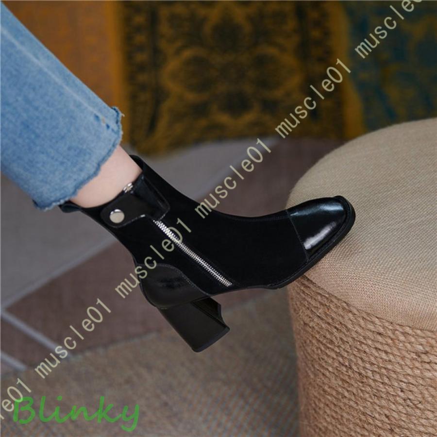 ブーツ レディース ショートブーツ サイドジップ シューズ 靴 ハイヒール チャンキーヒール 太ヒール 秋冬 7cmヒール スクエアトゥ 黒 茶 美脚 革靴