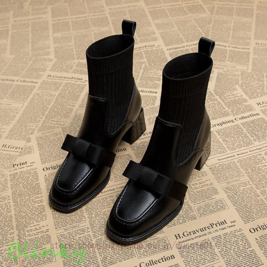 ショートブーツ レディース ストレッチ ブーツ ヒール5CM 疲れない 黒 チャンキーヒール ソックスブー..