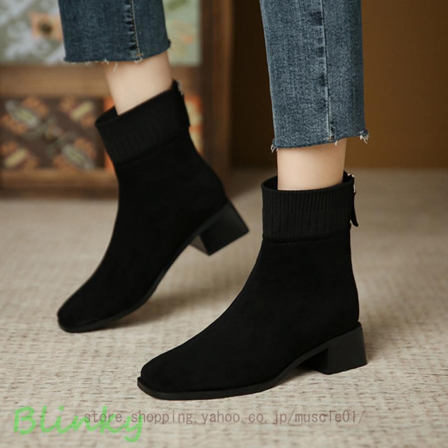 レディース ショートブーツ ブーティー スクエアトゥ 美脚 チェルシーブーツ チャンキーヒール アンク..