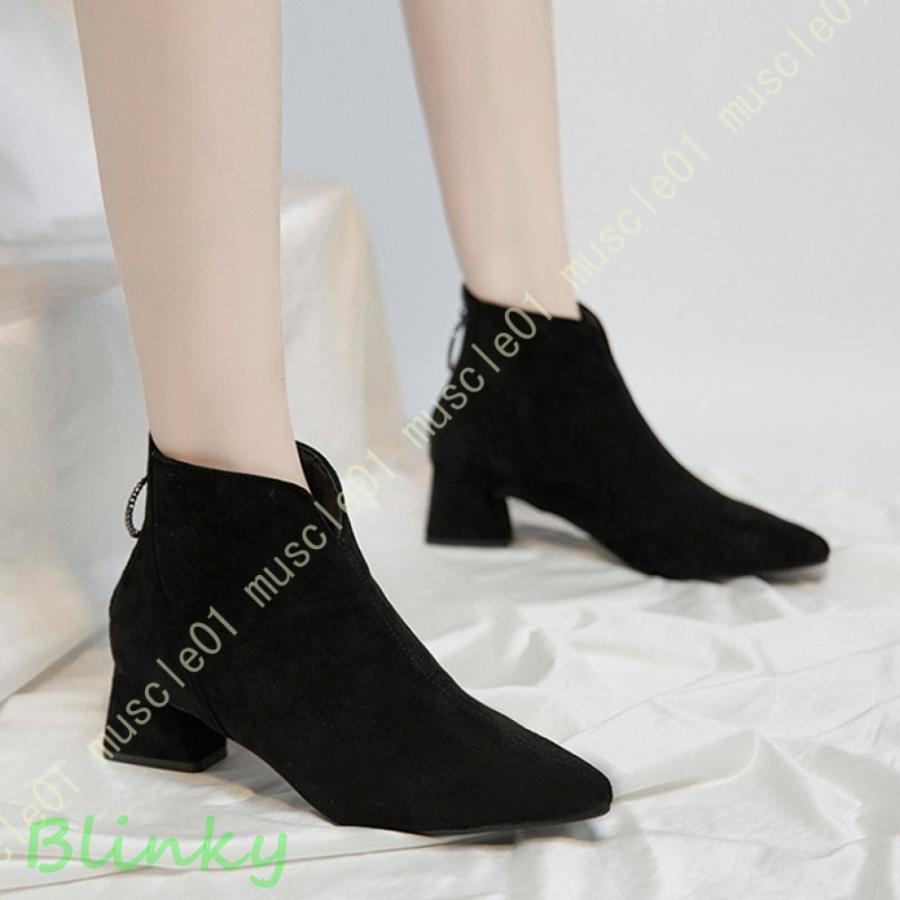 ブーツ レディース 黒 アンクルブーツ バックファスナー ハイヒール ポインテッドトゥ ショートブーツ ..