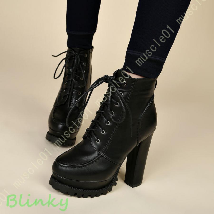 ブーティ 厚底靴 厚底 ショートブーツ レディース ハイヒール 太ヒール ヒール レースアップ 疲れない 厚底ブーツ アンクルブーツ ブーティー 黒 編み上げ