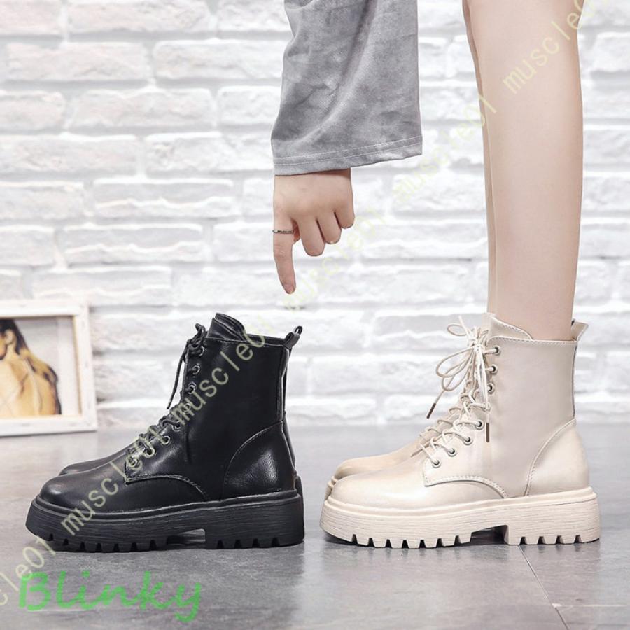 レディース レースアップブーツ 厚底 ミドルブーツ 編み上げ サイドジップ ブラック ショートブーツ 太..