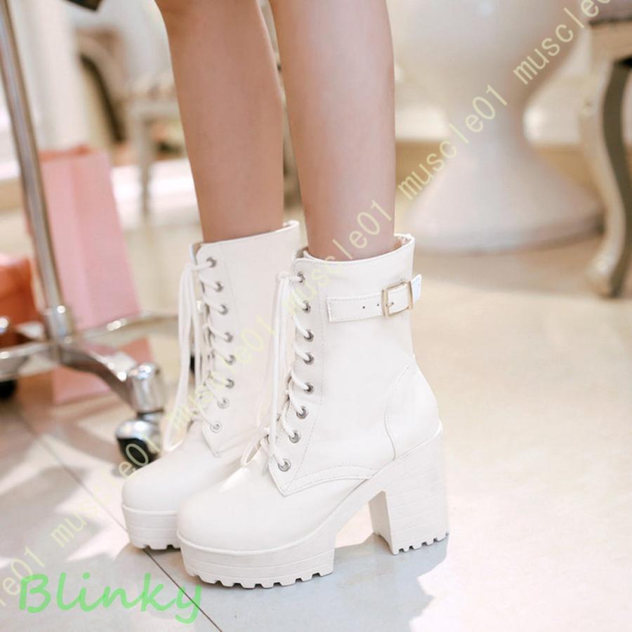 編み上げブーツ レースアップシューズ ショートブーツ ハイヒール 歩きやすい PUレザー 厚底 レディー..