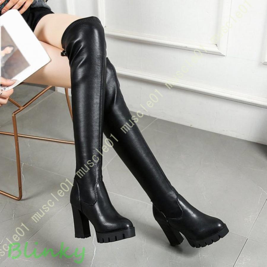 レディース ロング ブーツ ニーハイブーツ 太ヒール 太めヒール 厚底 高筒ブーツ 無地 歩きやすい 柔ら..