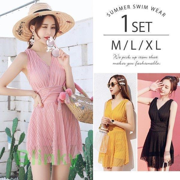 水着レディースワンピースストライプバッククロスvネックハイウエストスカート付きaライン太もも体型