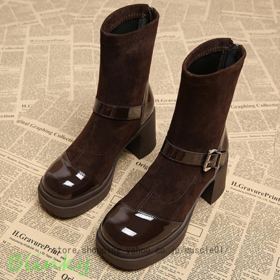 ハイヒール ラウンドトゥショートブーツ レディース バックファスナー 太めヒール 袴ブーツ スリム お..