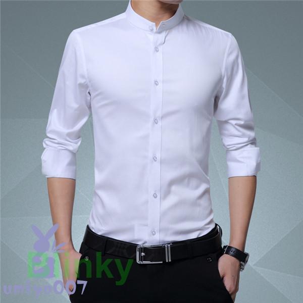 ワイシャツ メンズ ビジネスシャツ 立ち襟 無地 長袖 紳士シャツ レギュラーシルエット フォーマル ビ..