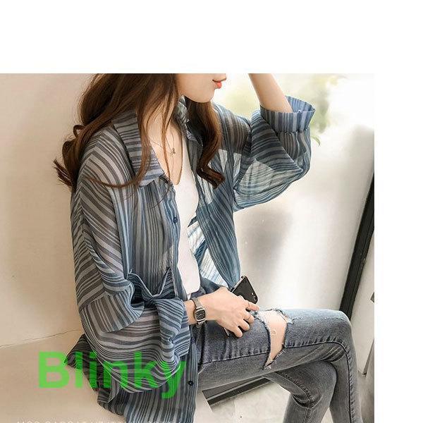 レディース ブラウス シャツ ストライプ シアーシャツ 薄手 羽織り 長袖