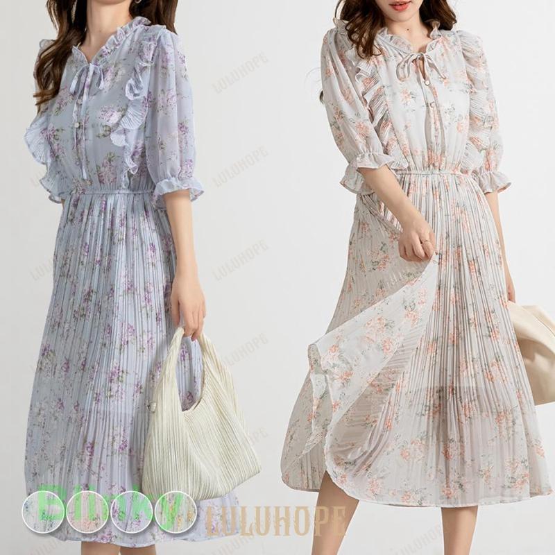 ワンピース 夏 レディース プリーツ 五分袖 ロング ワンピ おしゃれ かわいい きれいめ 大人 白 フリル 花柄 フラワー