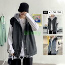 デニムベスト ベスト メンズ デニム ダウンベスト ノースリーブ ノーカラー アウター ボタンダウン ブルゾン スリム 秋 ヴィンテージ加工