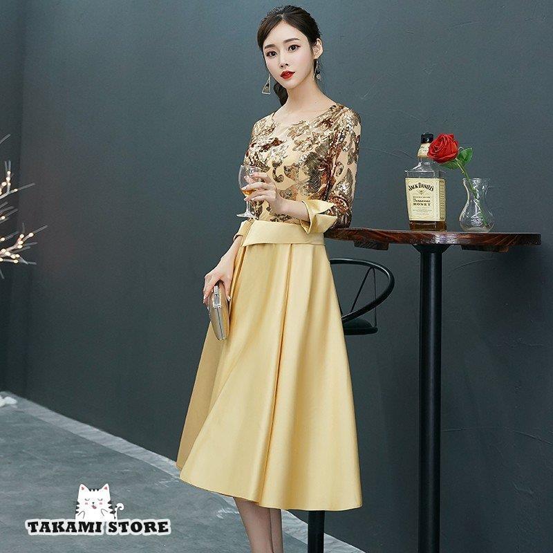 パーティードレス ドレス ひざ丈 ミディ丈 大きいサイズ 3L 小さいサイズ 袖あり 七分袖 ゴールド スパンコール 切り替え エレガント 結婚式 発表会