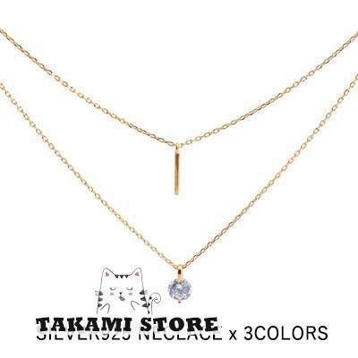 ネックレス レディース 一粒ダイヤ シンプルライン 2連 スティックバー プラチナ仕上げ シルバー925 プ..