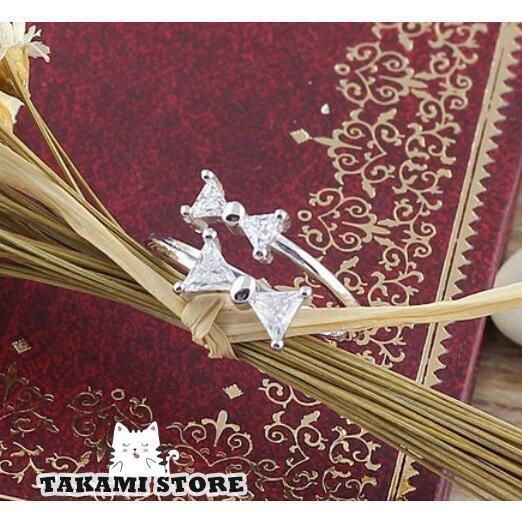 指輪 ダイヤ 2連粒 ダブルリボン サイズフリー シルバー925 プラチナ仕上げ/C型リング プレゼント