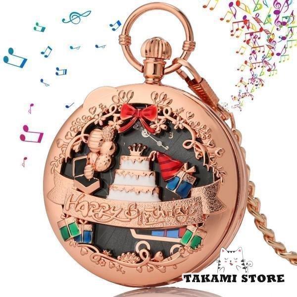 ヴィンテージお誕生日おめでとうメロディーミュージカルクォーツ懐中時計ギフトローズゴールドブラック