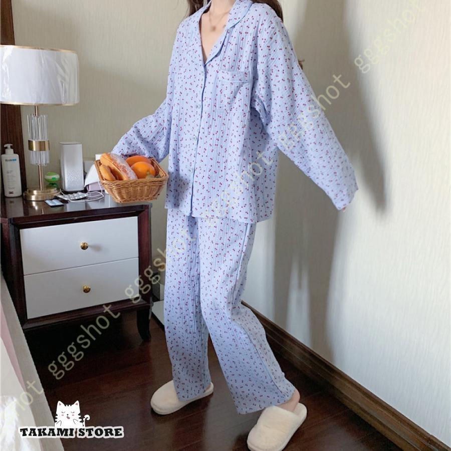 ガーゼ パジャマ ルームウェア コットン 綿 ポケット付き チェリートマト柄 大人可愛い レディース 部..