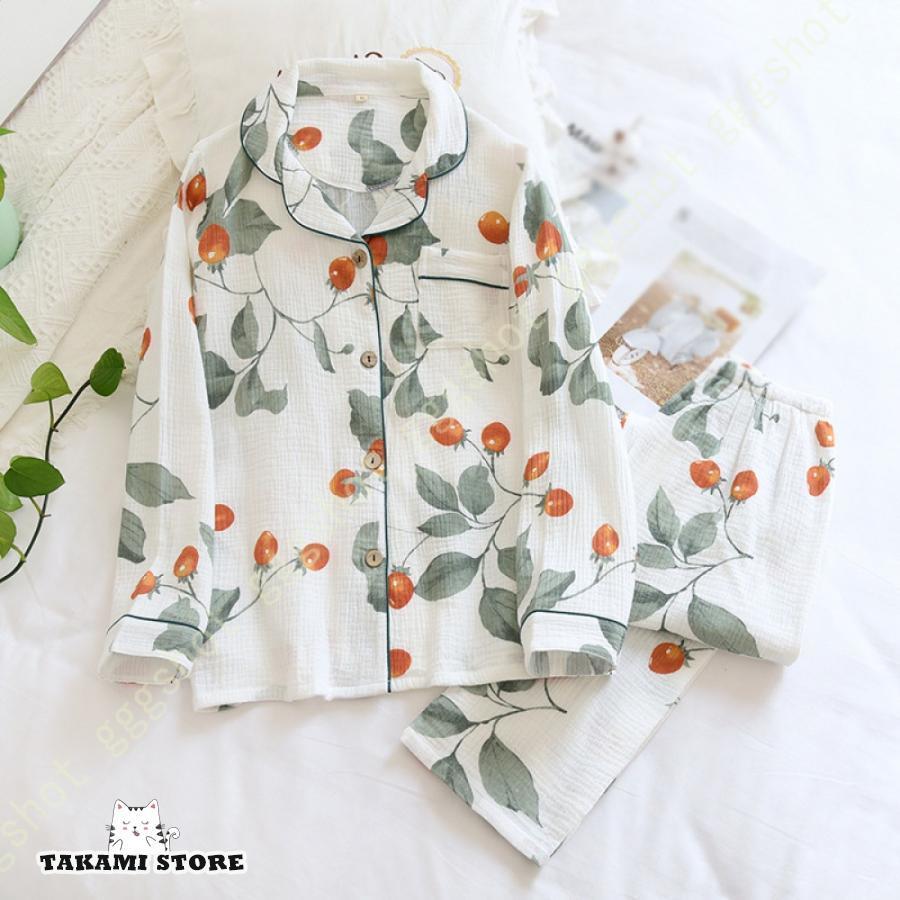 ガーゼ パジャマ ルームウェア コットン 綿 ポケット付き チェリートマト柄 大人可愛い レディース 部..